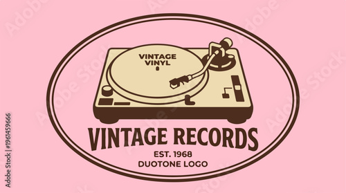 Vintage Records Logo - A Classic Duotone Design for Vinyl Enthusiasts.