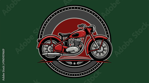 Vintage Red Motorcycle Illustration on a Green Background.