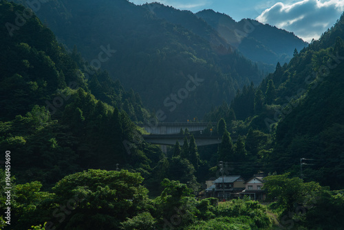 Foto Mountain landscape in Japan with forest and highway visible between trees scenic