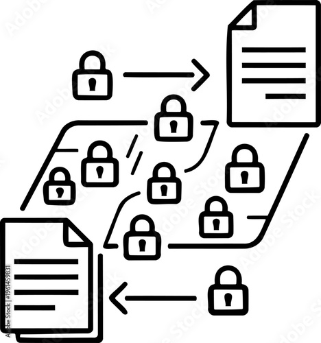 Secure document workflow and encrypted data transmission diagram icon
