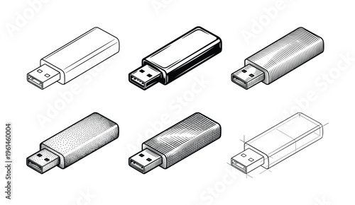 Versatile vector set featuring six isometric USB flash drives in diverse artistic styles: line, solid, stipple, and blueprint. Ideal for tech, data storage, and digital concepts.