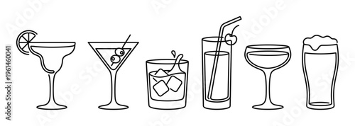 This modern vector set features outlined drink glasses: margarita, martini, whiskey, highball, wine, beer. Great for menus, websites, and app interfaces. Minimalist and versatile design.