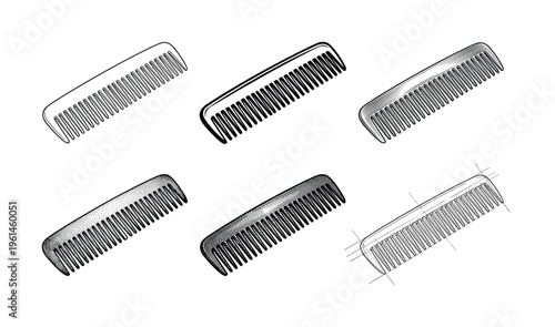 Six unique black and white hair comb vector illustrations. Diverse styles for beauty, salon, barbershop, or personal care designs. Clean, artistic, versatile.
