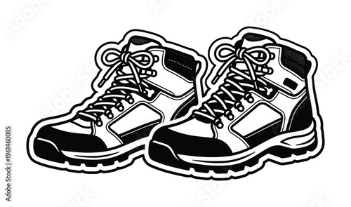 Black and white vector illustration depicting a pair of sturdy hiking boots. Ideal for outdoor adventure, sports, and travel-related designs and promotions.