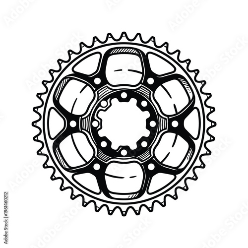 Hand-drawn vector illustration of a bicycle chainring. This dynamic black and white design is perfect for cycling branding, sports graphics, mechanical projects, or retro apparel.