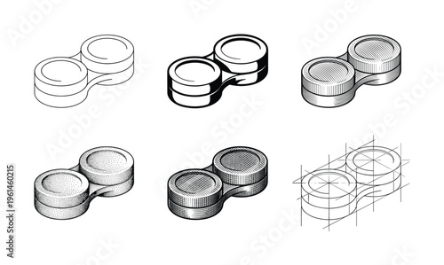 A versatile vector collection of contact lens case illustrations in various monochrome styles, from simple outline to technical blueprint. Perfect for healthcare, optometry, and product design.