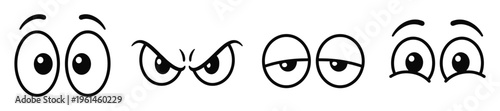 A versatile vector set of four pairs of cartoon eyes displaying different emotions: surprise, anger, sleepiness, and happiness. Ideal for comics, animations, and graphic designs.