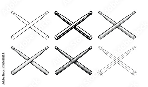 Versatile vector collection of crossed drumsticks in various artistic styles: line art, solid, stippled, and sketched. Ideal for music, rock, band, and percussion designs.