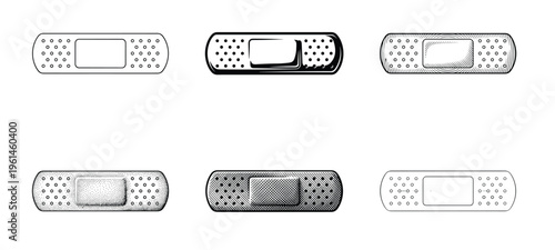 Vector collection of six adhesive bandages in varying black and white styles, perfect for healthcare, first aid, safety, and wellness designs. Clean, illustrative, and versatile.