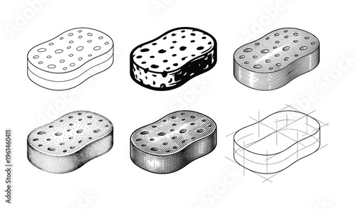 Six isometric vector illustrations of sponges featuring diverse artistic styles like outline, solid, hatching, stipple, and construction. Ideal for cleaning, hygiene, design, or educational content.