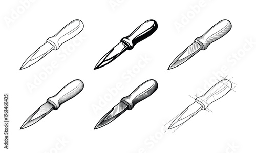 Vector collection of six hand-drawn awl tools in different vintage engraving styles. Perfect for craft, woodworking, leatherwork, or culinary design projects.