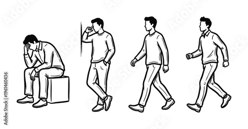 Black and white vector set depicting a man's emotions and actions: sad, contemplative, and walking. Ideal for concepts of mental health, daily routines, progress, or character design.
