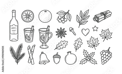 A collection of hand-drawn vector icons for mulled wine, autumn, and Christmas. Includes spices, fruit, and holiday symbols. Perfect for menus, cards, and seasonal designs.