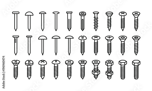 Comprehensive outline vector set of construction fasteners: diverse nails, screws, bolts. Ideal for DIY, engineering, hardware, or industrial design projects, offering versatile icons.