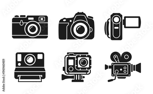 Black vector icons set of photography and videography devices: classic, DSLR, instant, action, and retro film cameras, plus a modern camcorder. Perfect for tech, media, and design projects.