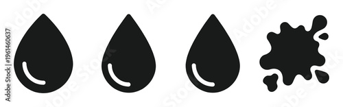 A versatile vector collection of stylized black liquid drops and an expressive ink splash. Ideal for graphic design, web elements, branding, or depicting fluid and oil concepts.