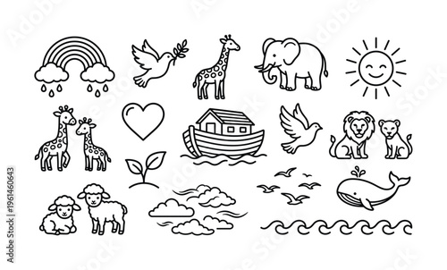 Adorable outline vector collection featuring Noah's Ark animals, rainbow, sun, and nature elements. Ideal for children's books, church materials, or educational designs.