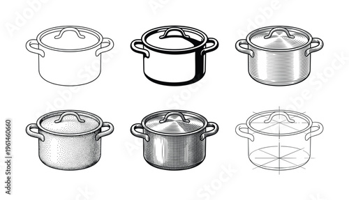 Diverse vector collection of cooking pots and saucepans in different line art, engraving, and stipple styles, perfect for culinary and kitchen design projects.