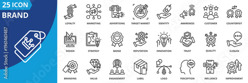 brand icon set collection in outline style. icon pack contain advertising, awareness, badge, branding, counterfeit, customer, design, engagement, identity, image icon