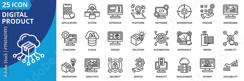 digital product icon set collection in outline style. icon pack contain analytics, application, automation, business, cloud, communication, computer, dashboard, data, deployment icon