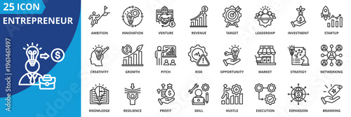 entrepreneur icon set collection in outline style. icon pack contain alliance, ambition, branding, business, creativity, earning, effort, employee, entrepreneur, execution icon