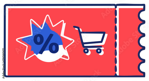 Vibrant Coupon Illustration with Shopping Cart and Discount Symbol.