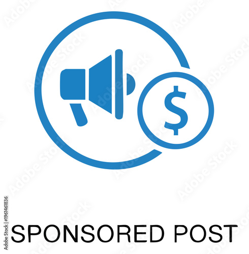 Sponsored Post Icon Megaphone and Dollar Sign in Blue Circle.