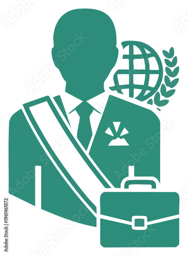 Silhouette of a Diplomat with Briefcase and Global Representation.
