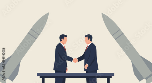 Businessmen shaking hands with threatening missiles in background