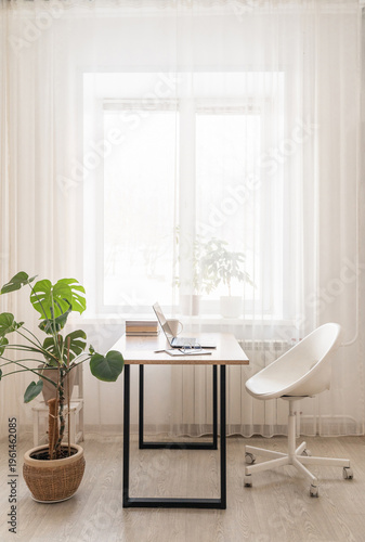 Modern home office workspace featuring laptop on wooden desk with white mug and notebook, surrounded by green plants bookshelves