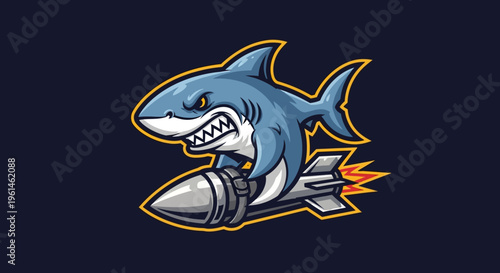 Blue shark mascot riding a rocket with flames
