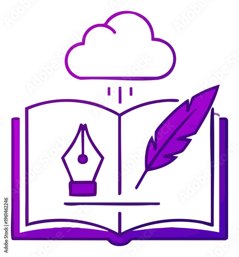 Open Book with Quill Pen and Inkwell Under a Cloud Symbolizing Creative Writing.