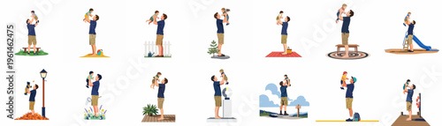 Collection of flat illustrations showing a father lifting his young child in various indoor and outdoor settings and across different seasons.