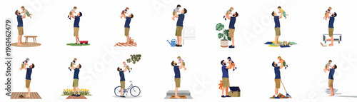 Collection of flat vector illustrations featuring a father lifting his toddler in various indoor and outdoor daily life activities and home settings.