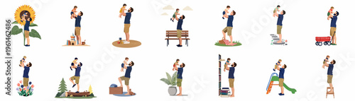 Flat vector illustration set of a father lifting his toddler in various indoor and outdoor scenes, depicting bonding, parenting, and family moments.