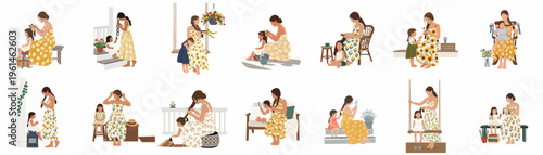 Collection of flat illustrations showing a mother braiding her daughter's hair in various cozy domestic scenes, celebrating maternal love and daily family rituals.