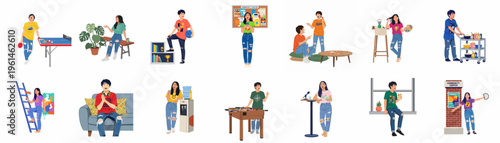 Diverse young adults engaging in various recreational and social activities at a vibrant community center or youth club, flat vector illustration set.