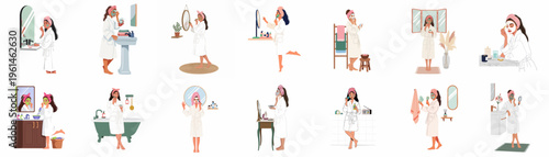 Large collection of flat vector illustrations depicting women in bathrobes engaged in various skincare routines, including facial masks and massage at home.