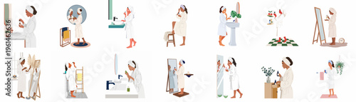 A collection of flat illustrations showing diverse women in white bathrobes and hair towels performing their daily skincare and beauty routines at home.