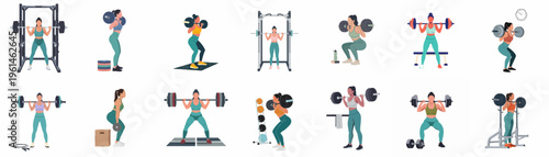 Vector illustration set of diverse women performing various barbell exercises including squats and deadlifts in a modern gym environment for fitness concepts.
