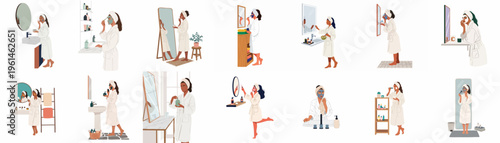 Illustration set of women in white bathrobes performing daily skincare routines, applying face masks and creams in various bathroom settings.