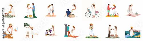 Flat vector illustration collection of romantic couples and a woman enjoying summer picnics, outdoor dates, and nature activities in a minimalist style.