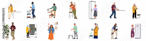 Diverse collection of people in various daily activities like eating, drinking, and chores, in a modern flat vector illustration style.