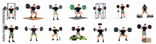 Vector illustration collection of a male weightlifter performing various barbell squat exercises and strength training routines in a gym setting.