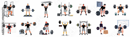 Comprehensive set of illustrations depicting a man doing weightlifting, deadlifts, squats, and overhead presses in a garage gym or home workout space.