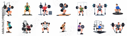 Collection of fourteen flat vector illustrations of men performing various types of squat exercises using barbells, dumbbells, kettlebells, and gym equipment.