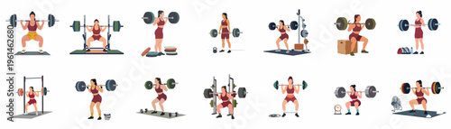 Set of flat vector illustrations depicting a female athlete performing various barbell weightlifting exercises such as squats and deadlifts in a gym.