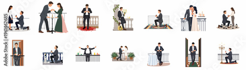 Collection of romantic marriage proposal illustrations featuring couples in elegant settings with candles, flowers, and engagement rings in a flat design style.