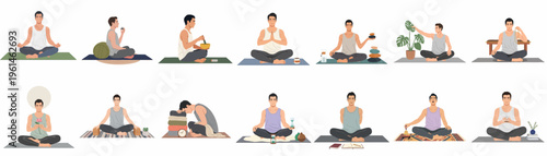 Vector illustration set of a young man practicing various meditation techniques and mindfulness exercises with different accessories in a minimalist flat style.