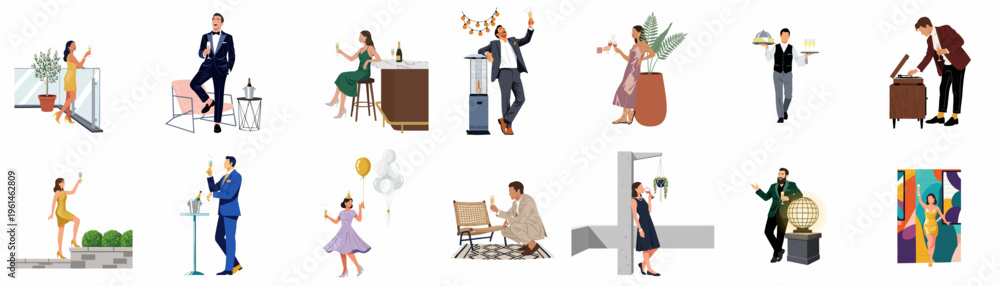 Fototapeta premium Stylish flat illustrations of diverse people in formal wear enjoying a celebration, drinking champagne, and socializing at various festive events.